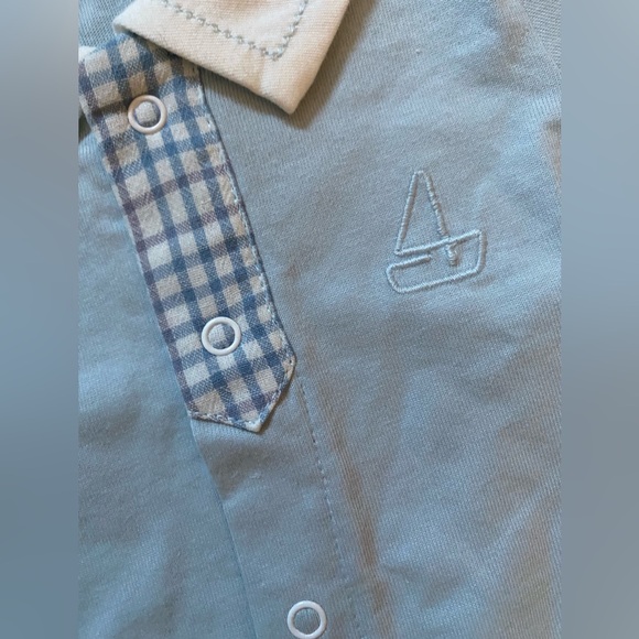 Romper Light Blue With White Collar Trimmed with Blue Plaid NWT Boutique 9 mths - Picture 3 of 5